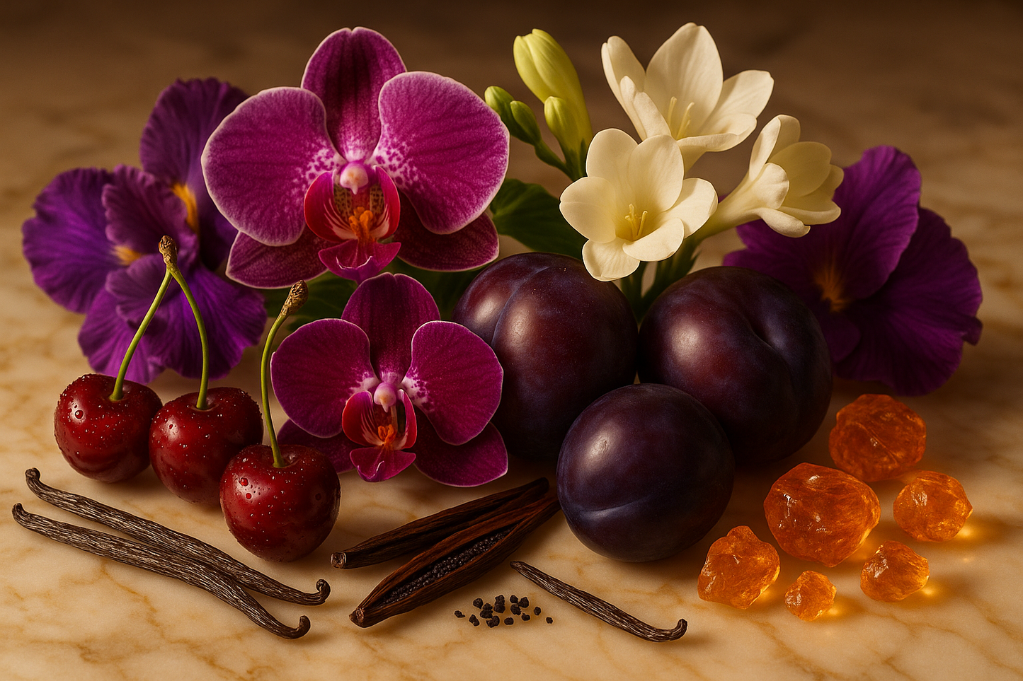 Create a luxurious image of ripe Cherry, juicy Plum, exotic Orchid, Freesia, Iris Musk, Vanilla pods, and soft Amber