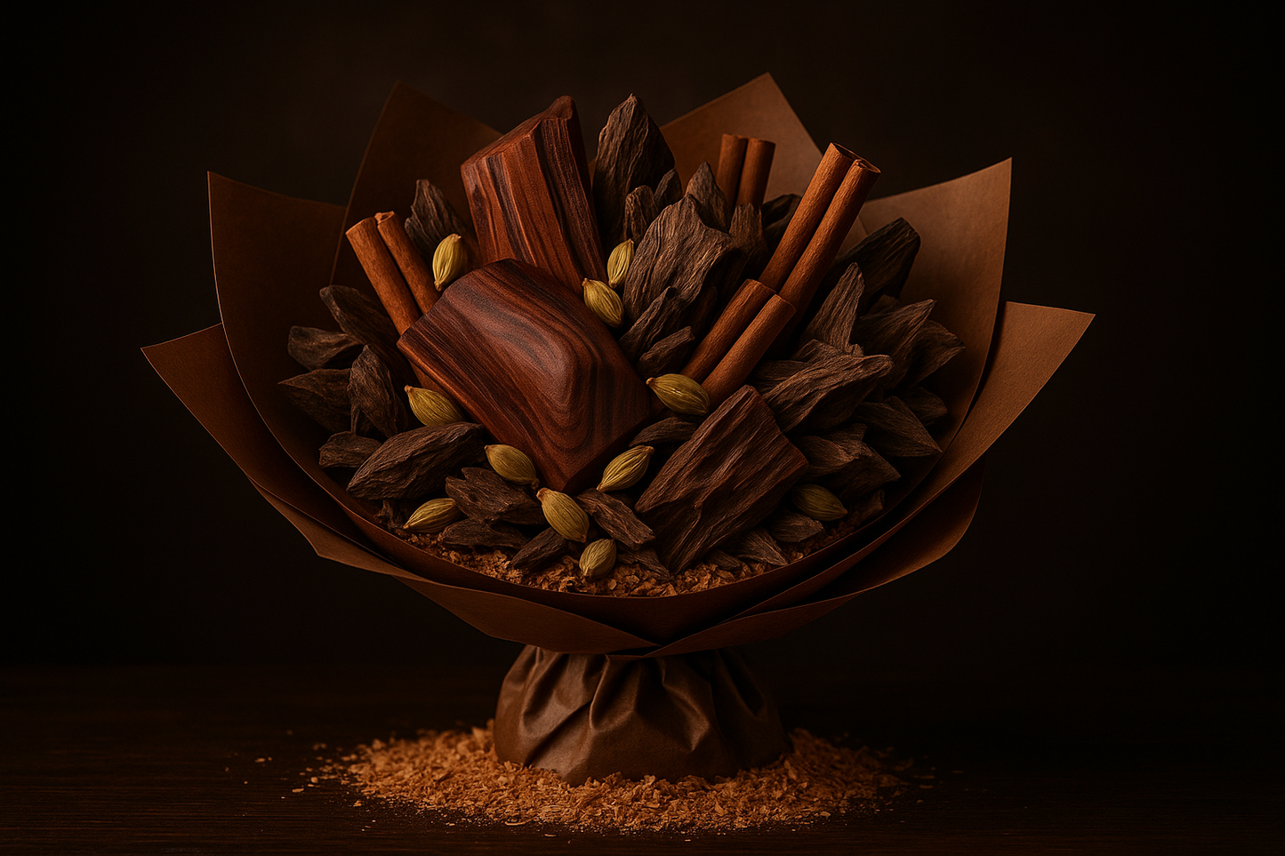 Create a luxuious bouquet image of deep woody tones enhanced by Cardamom and spices. fresh Sandalwood, Sawdust, and opulent Oud,
