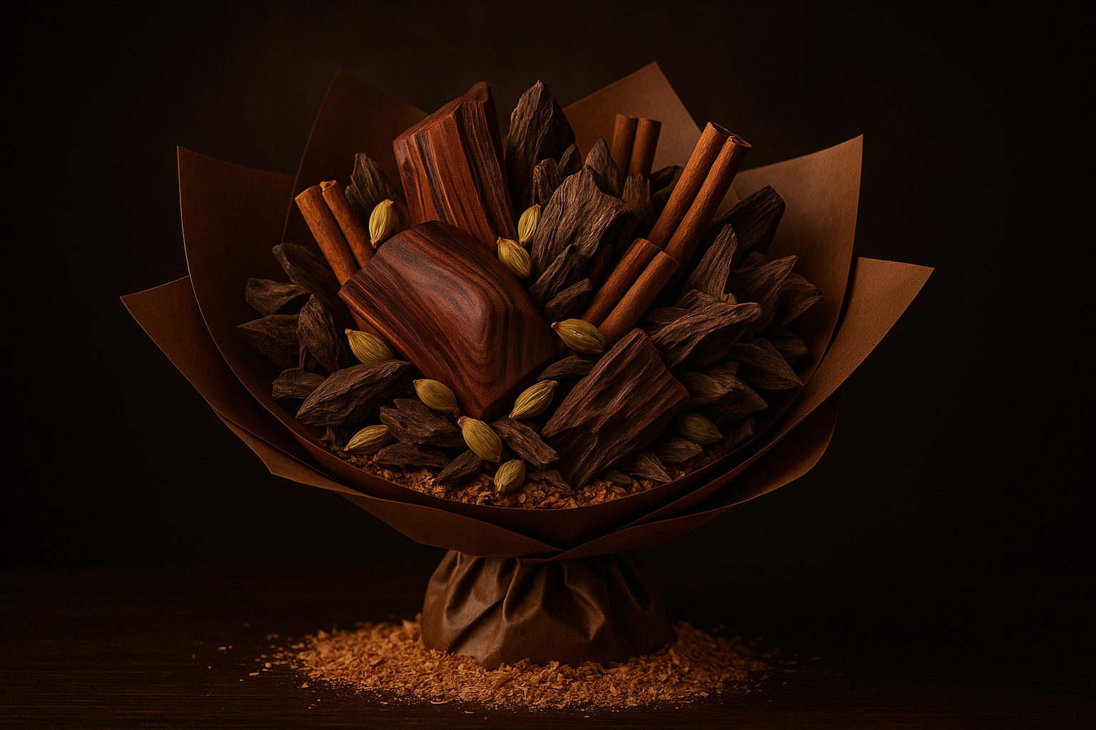 Create a luxuious bouquet image of deep woody tones enhanced by Cardamom and spices. fresh Sandalwood, Sawdust, and opulent Oud,